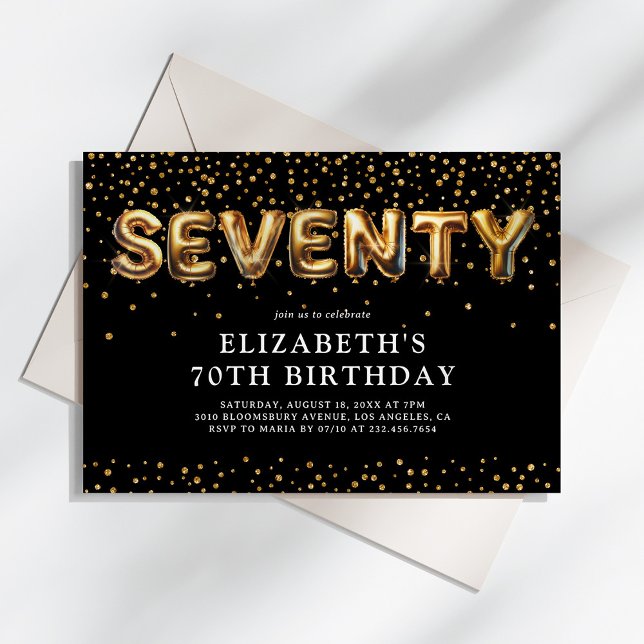 Black and Gold 70th Birthday Balloons Invitation (Creator Uploaded)
