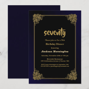 Black and Gold 70th Birthday Dinner Invitation