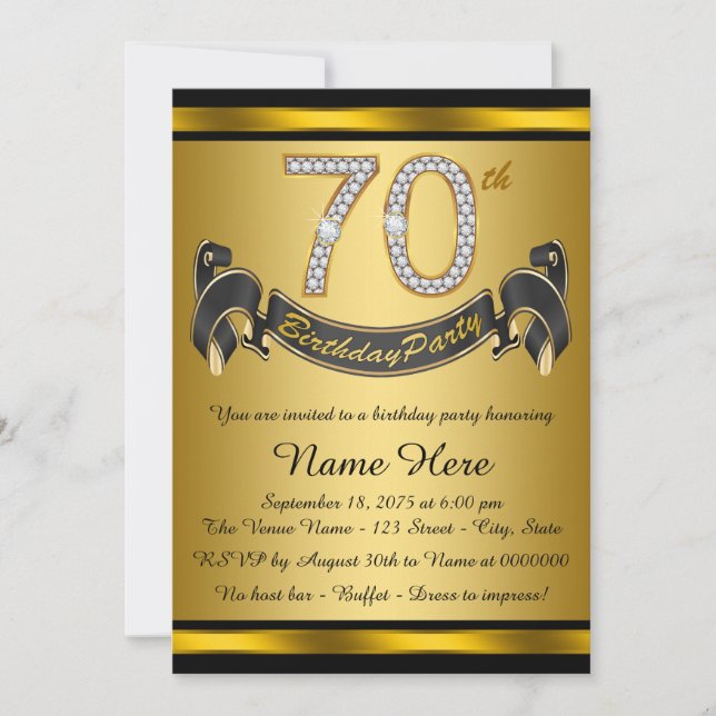 Black and Gold 70th Birthday Party Invitation (Front)