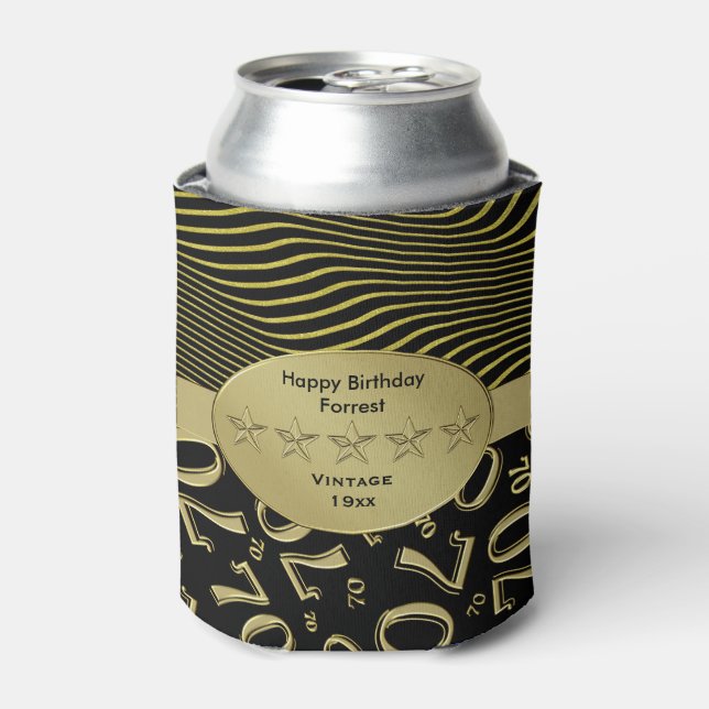 Black and Gold  70th Birthday Party Number Pattern Can Cooler (Can Front)