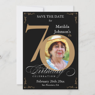 Black and Gold 70th Birthday Save The Date Custom Invitation