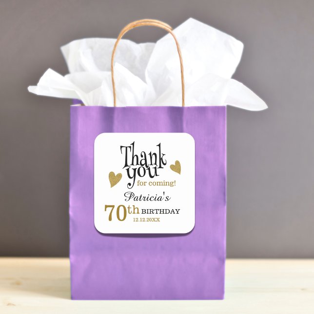 Black And Gold 70th Birthday Thank You Favour   Square Sticker (Black And Gold 70th Birthday Thank You Favor Square Sticker)