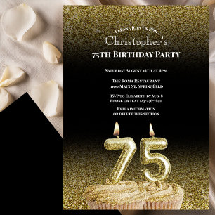 Black and Gold 75th Birthday Invitation For Him