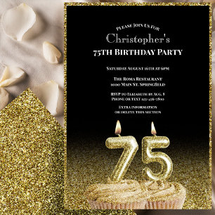 Black and Gold 75th Birthday Invitation For Him