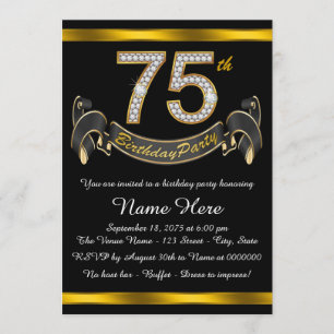 Black and Gold 75th Birthday Party Invitation