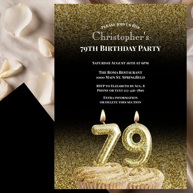 Black and Gold 79th Birthday Invitation For Him (Creator Uploaded)