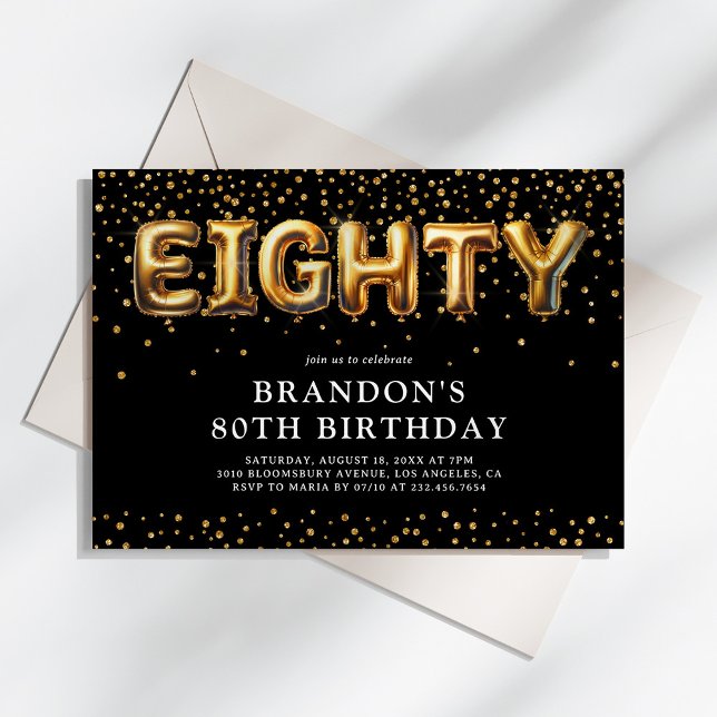 Black and Gold 80th Birthday Balloons Invitation (Creator Uploaded)