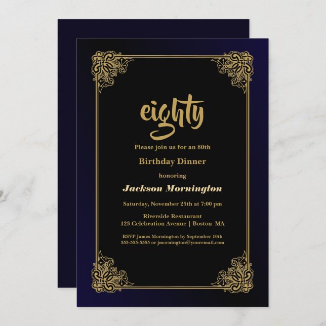 Black and Gold 80th Birthday Dinner Invitation (Front/Back)