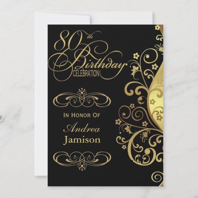 Black and Gold 80th Birthday Party Invitation (Front)