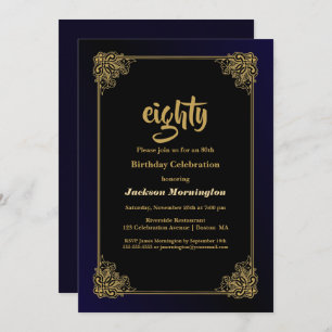 Black and Gold 80th Birthday Party Invitation