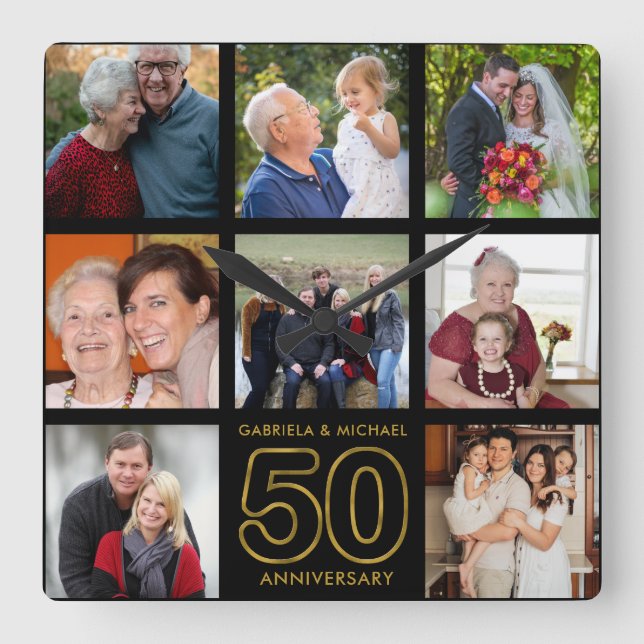 Black And Gold 8 Photo Collage 50th Anniversary  Square Wall Clock (Front)