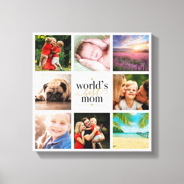 Black and Gold 8 Photo Collage Worlds Best Mom Canvas Print (Front)