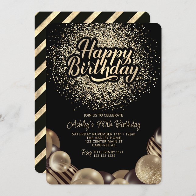 Black and Gold 90th Birthday Invitation (Front/Back)