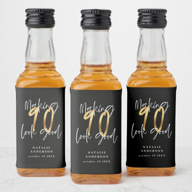 Black and gold 90th birthday party favour  liquor bottle label (Bottles)