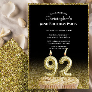 Black and Gold 92nd Birthday Invitation For Him