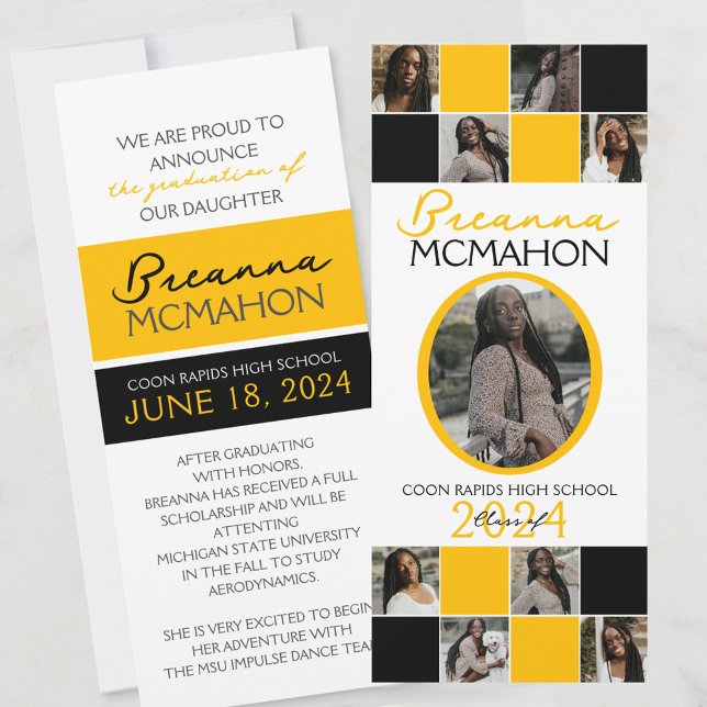 Black and Gold 9 Photo Graduation Announcement (Elegant 9 Photo Graduation Double Sided Announcements in White Yellow Gold and Black)