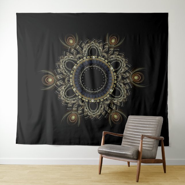 Black and Gold Abstract Fractal Mandala Tapestry (In Situ (Horizontal))