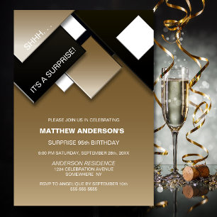 Black and Gold Abstract Surprise 95th Birthday Invitation