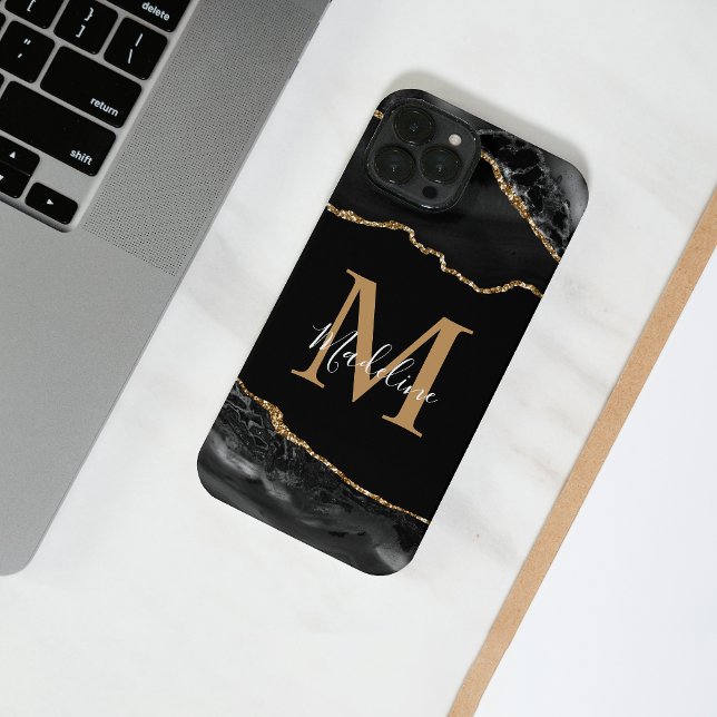 Black and Gold Agate Geode Monogram iPhone Case (Creator Uploaded)