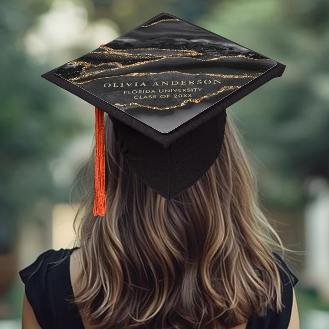 Black and Gold Agate Graduation Cap Topper (Elegant black and gold agate graduation cap topper)