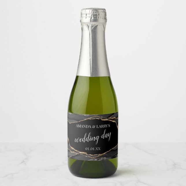 Black and Gold Agate Marble Mini Sparkling Wine La Label (Front)