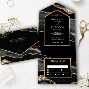 Black and Gold Agate Marble Wedding All In One Invitation