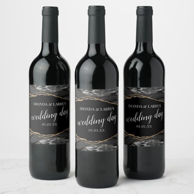 Black and Gold Agate Marble Wine Label (Bottles)