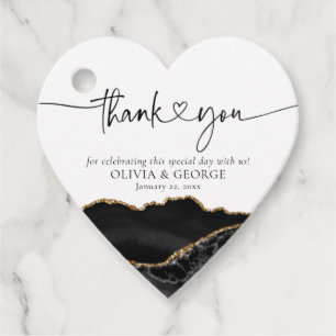 Black and Gold Agate Wedding Heart Favour Tags