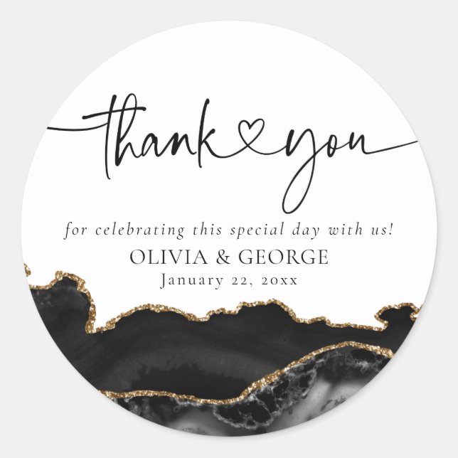Black and Gold Agate Wedding Thank You Stickers (Front)