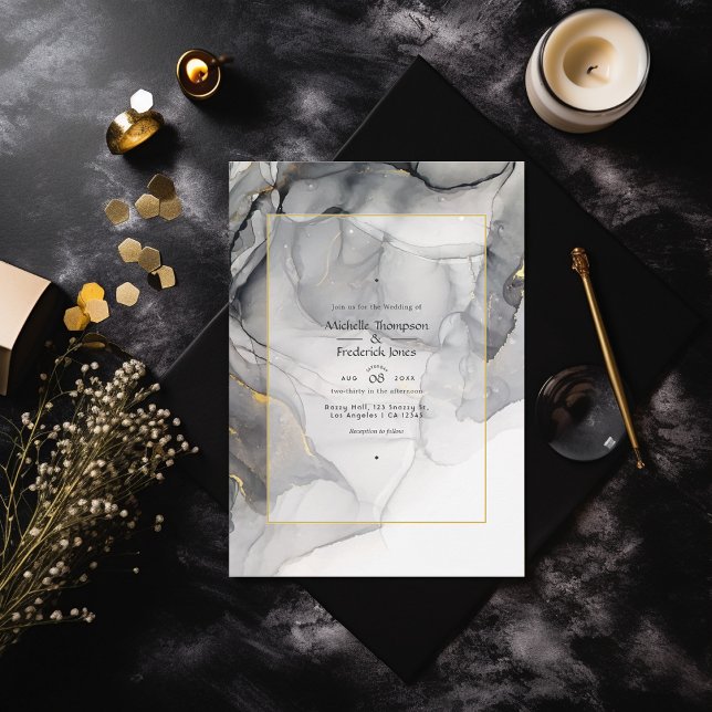 Black and Gold Alcohol Ink Wedding Invitation (Creator Uploaded)