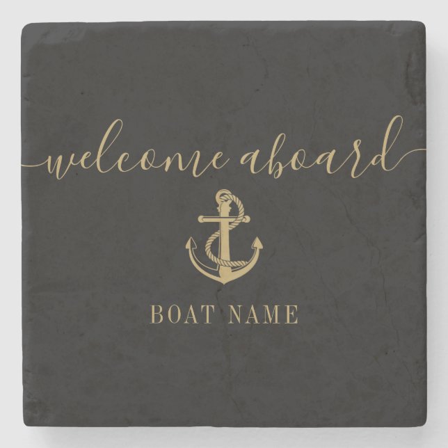 Black And Gold Anchor Boat Name Welcome Aboard Stone Coaster (Front)