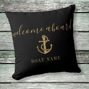 Black And Gold Anchor Boat Name Welcome Aboard Throw Pillow