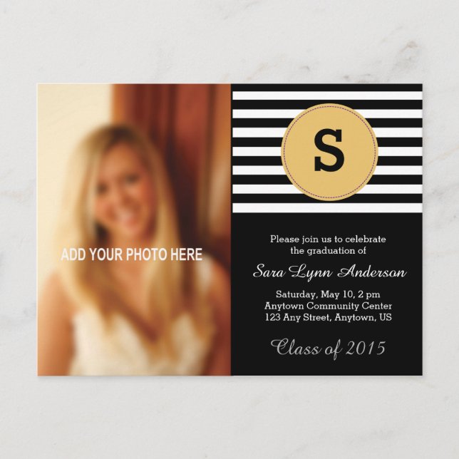 Black and Gold and White Monogram Photo Graduation Invitation Postcard (Front)