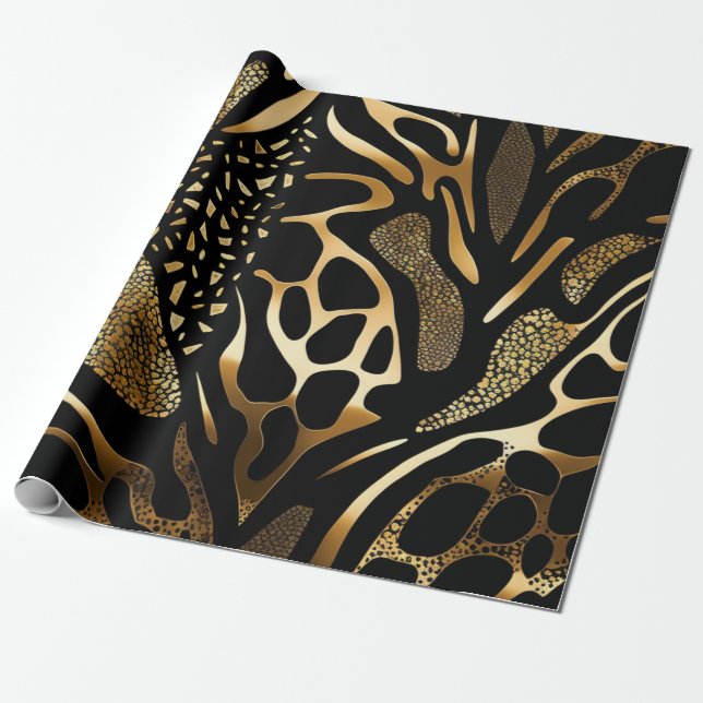Black and Gold Animal Print (10) Wrapping Paper (Unrolled)