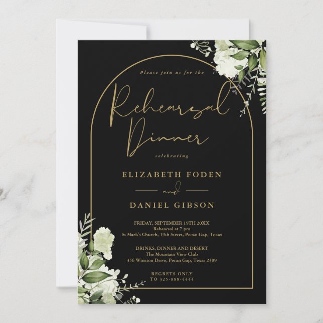 Black And Gold Arch Greenery Rehearsal Dinner Invitation (Front)