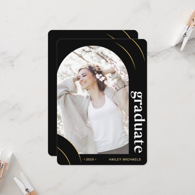 Black and Gold Arch Photo Graduation Party Invitation (Front/Back In Situ)