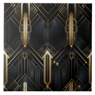 Black and Gold Art Deco Architectural Lines Tile