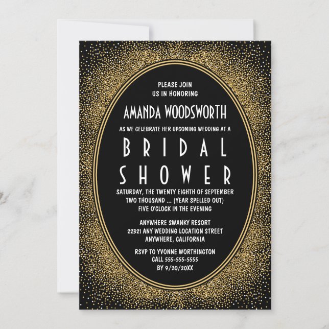 Black and Gold Art Deco Bridal Shower Invitations (Front)