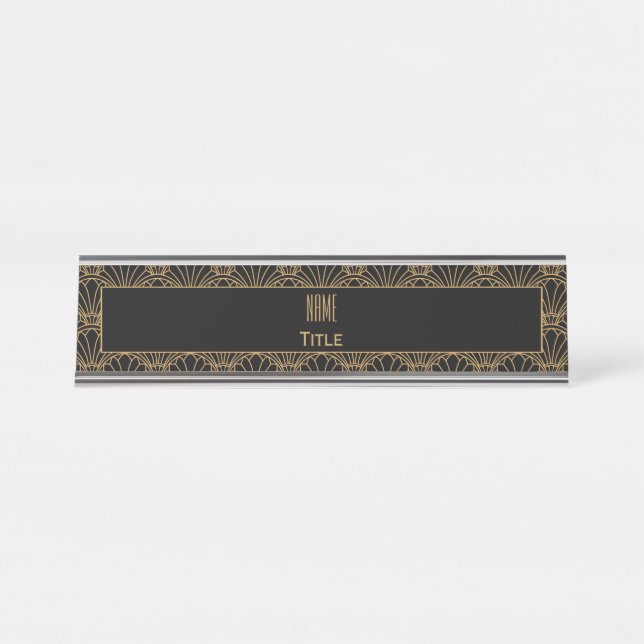 Black and Gold Art Deco Fan Flowers Motif Desk Name Plate (Front)