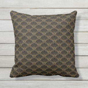 Black and Gold Art Deco Fan Flowers Motif Outdoor Pillow