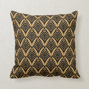 Black and Gold Art Deco Fan Flowers Pattern Throw Pillow