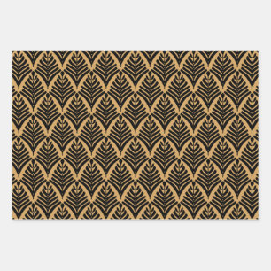 Black and Gold Art Deco Fan Flowers Pattern Wrapping Paper Sheet