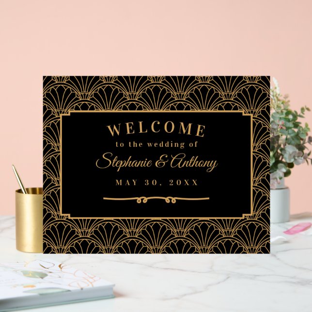 Black and Gold Art Deco Fan Flowers Wedding   Acrylic Sign (Wedding)