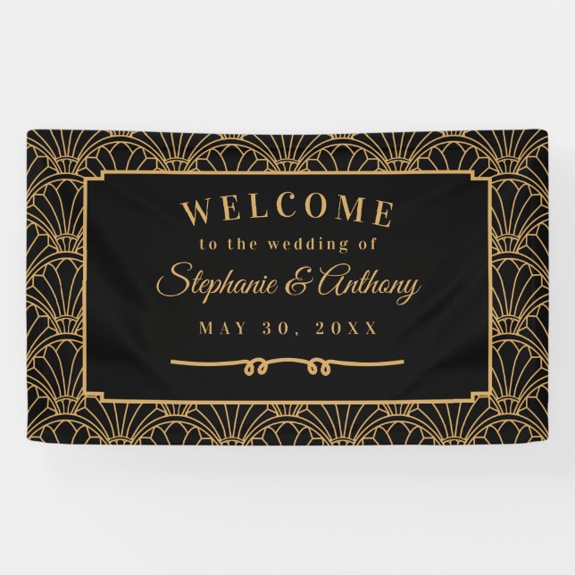 Black and Gold Art Deco Fan Flowers Wedding   Banner (Horizontal)