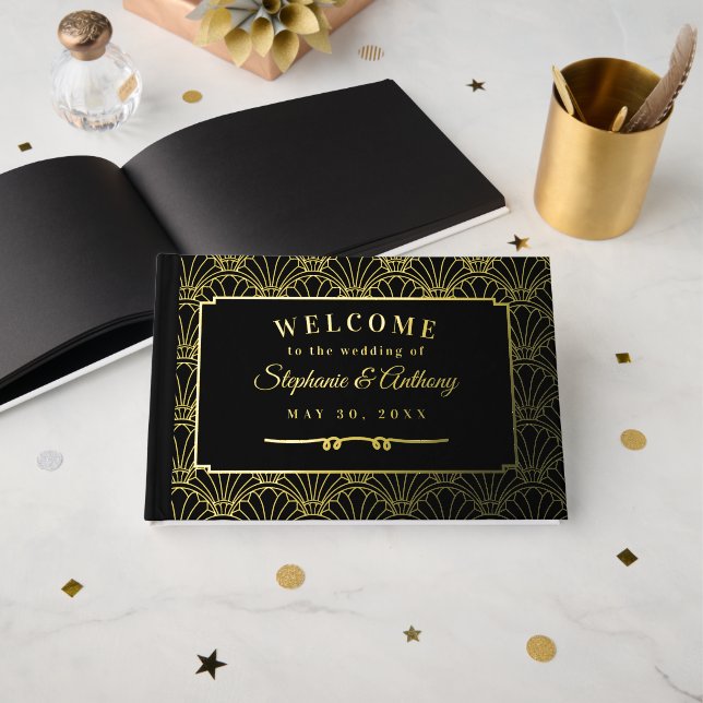 Black and Gold Art Deco Fan Flowers Wedding   Guest Book (Front Open)