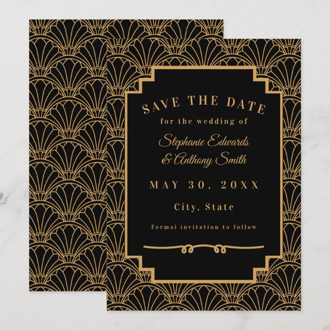 Black and Gold Art Deco Fan Flowers Wedding  Save The Date (Front/Back)