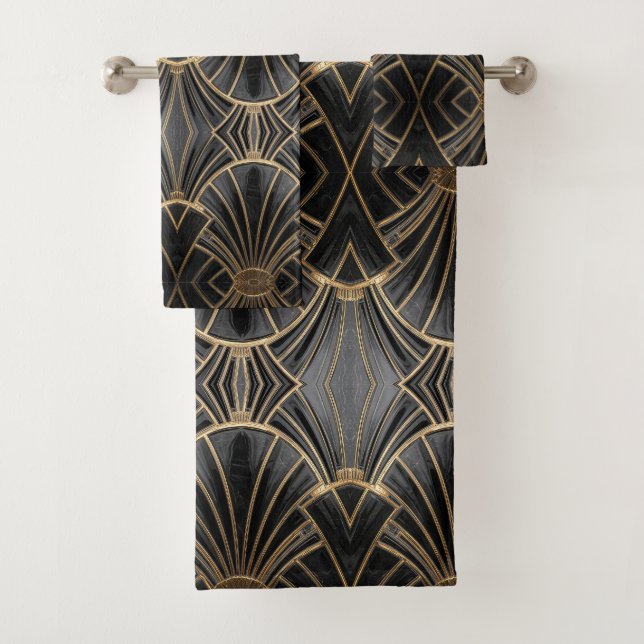 black and gold Art Deco fan pattern  Bath Towel Set (Insitu)
