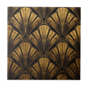 black and gold Art Deco fan pattern Tile
