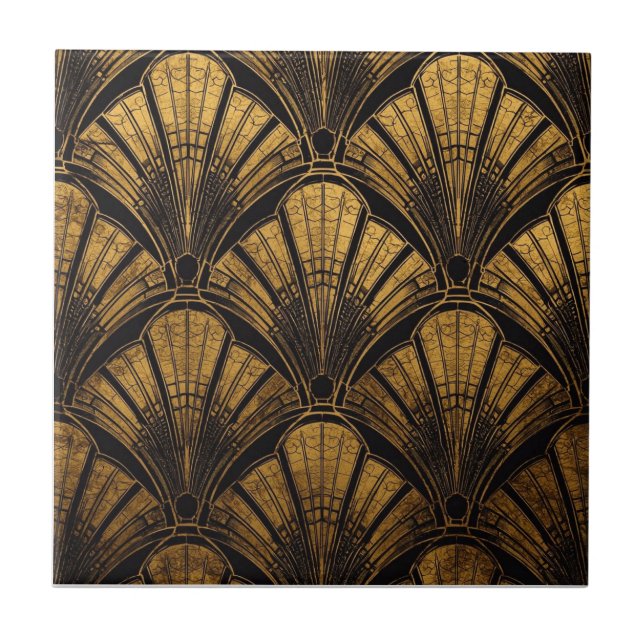 black and gold Art Deco fan pattern  Tile (Front)