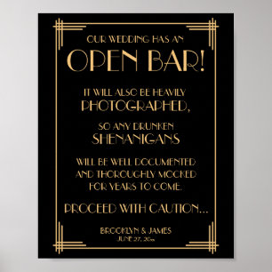 Black And Gold Art Deco Gatsby Open Bar Sign 8x10